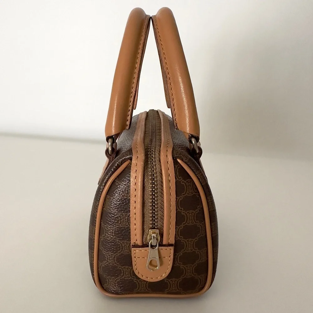 ✨CELINE Vintage Macadam Triomphe Canvas Leather Micro Mini Boston Handbag Brown - Picture 16 of 17